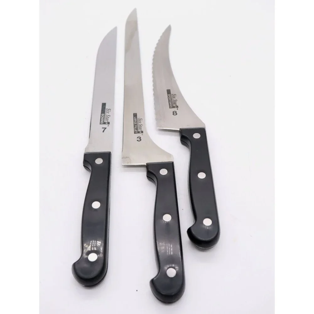3 Ronco Six Star Knives - 3 Large Filet 7 Boning 8‎ Sportsman SS Full Tang